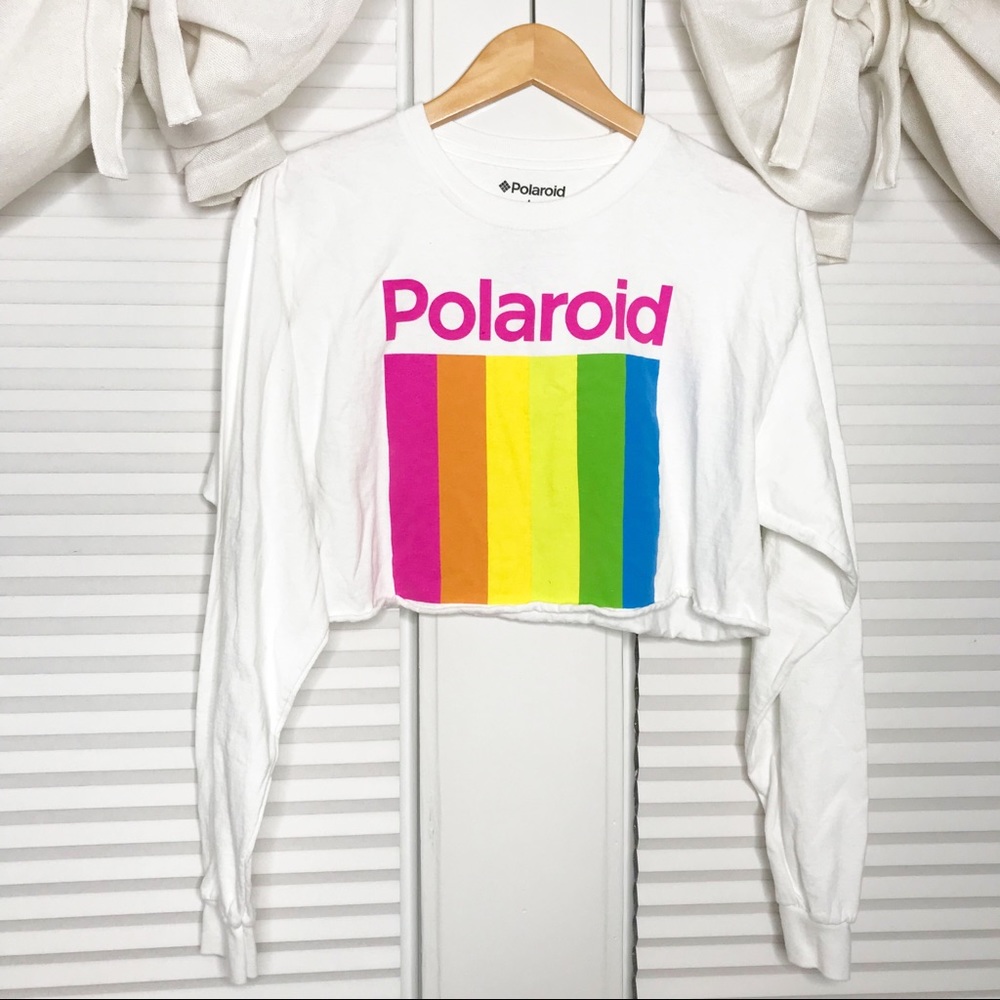Polaroid Crop Long Sleeve Tee White Cutoff Pink Graphic Shirt